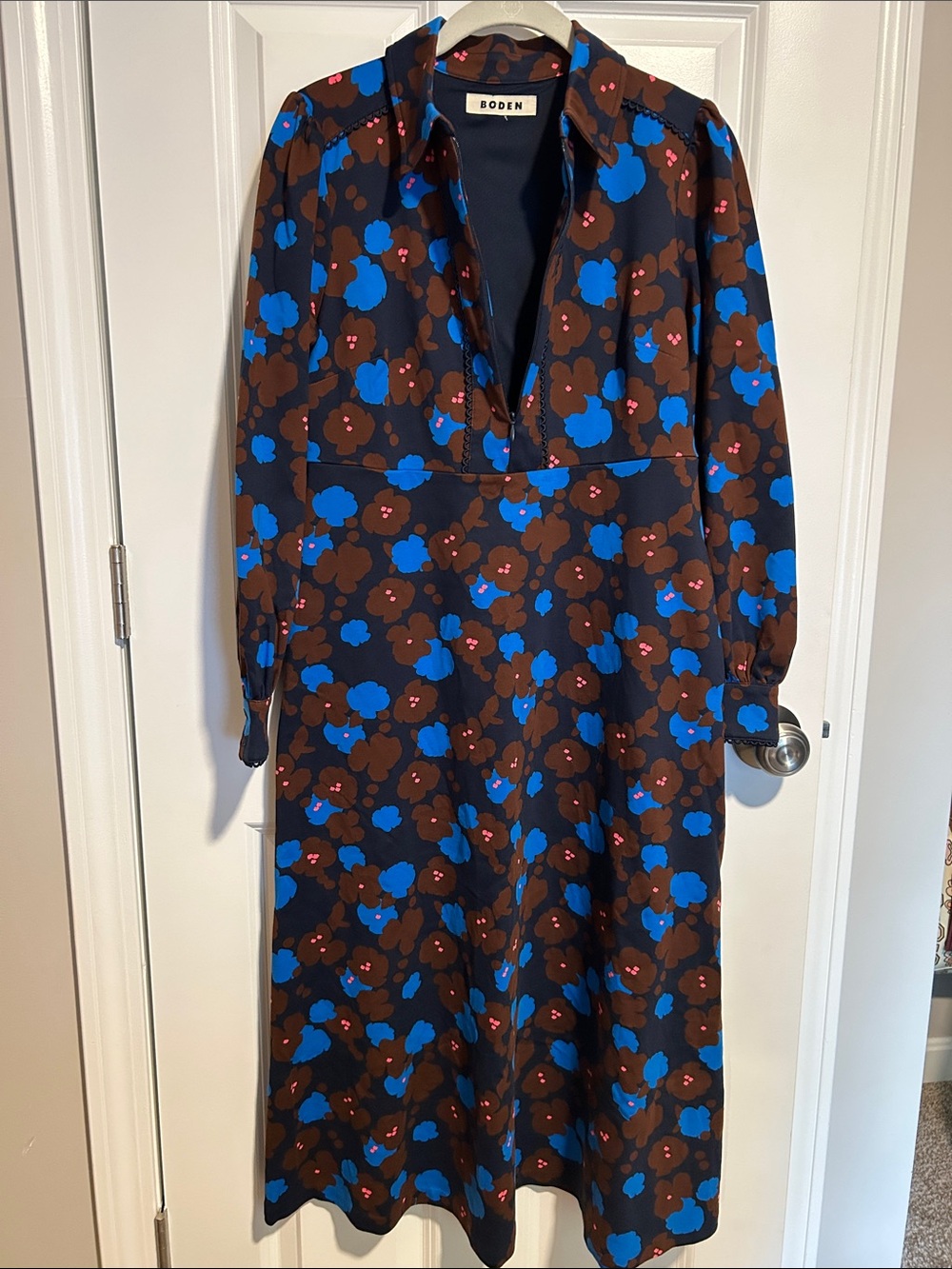 EUC Boden Pip Zip-Up Blue and Brown Floral-Print Ponte Midi Dress - Picture 7 of 11